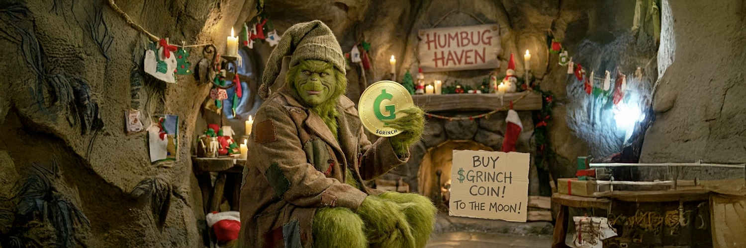 The Grinch holding $GRINCH coin with To The Moon sign