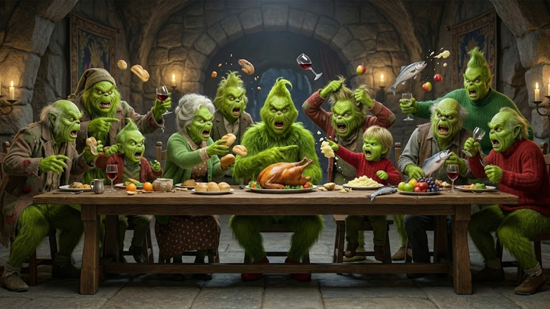 Grinch family fighting at holiday dinner - The Last Supper style chaos